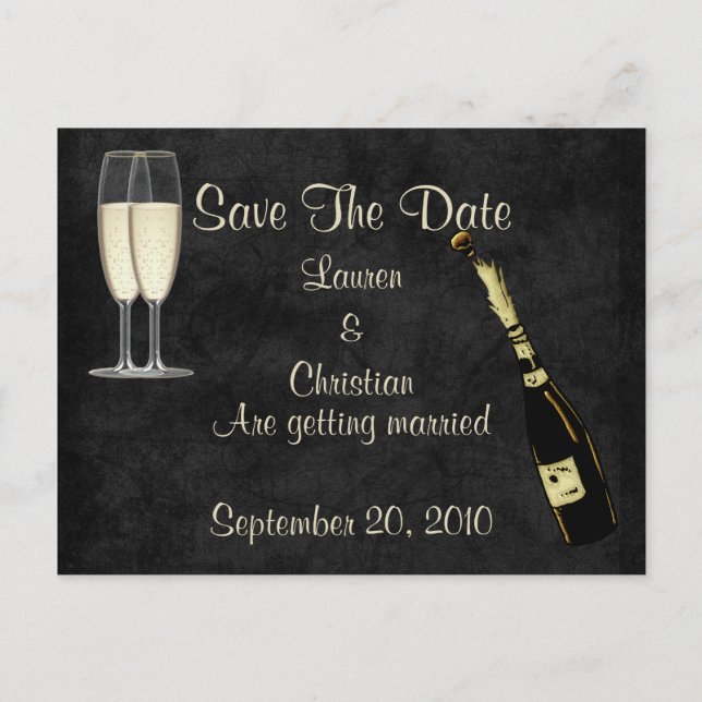 Champagner Save the Date (schwarz) Ankündigungspostkarte (Vorderseite)