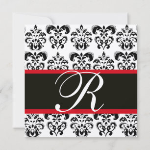 CHAMPAGNER & SCHWARZ  ROT  DAMAST MONOGRAMM, weiß Einladung