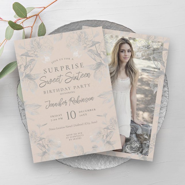 Champagner Silver Floral Foto ÜBERRASCHUNG Sweet 1 Einladung (Champagne Silver Floral Photo SURPRISE Sweet 16 Invitation)