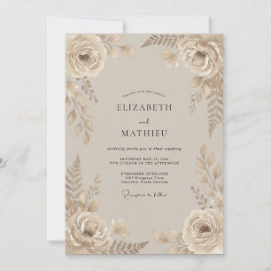 Champagner-Taupe-Laub-Eukalyptus-Hochzeit Einladung