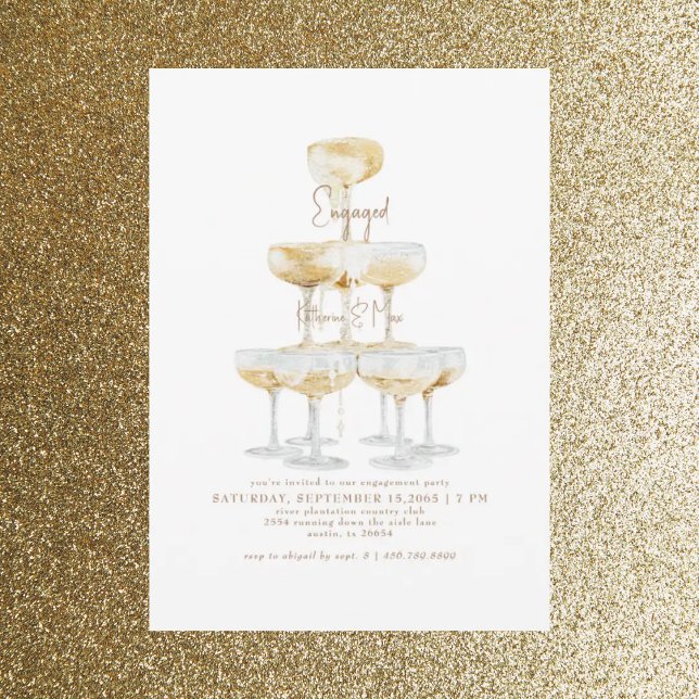 Champagner Tower Gold Text Engagement Party Einladung (Von Creator hochgeladen)