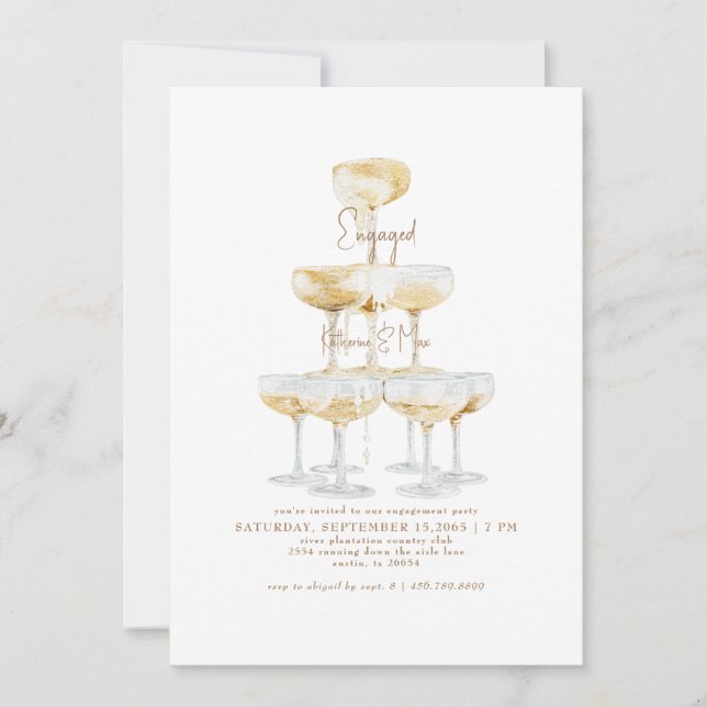 Champagner Tower Gold Text Engagement Party II Einladung (Vorderseite)