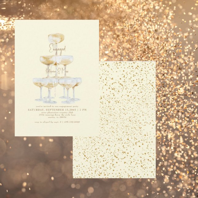 Champagner Tower Gold Text Gelbe Engagement Party Einladung (Von Creator hochgeladen)