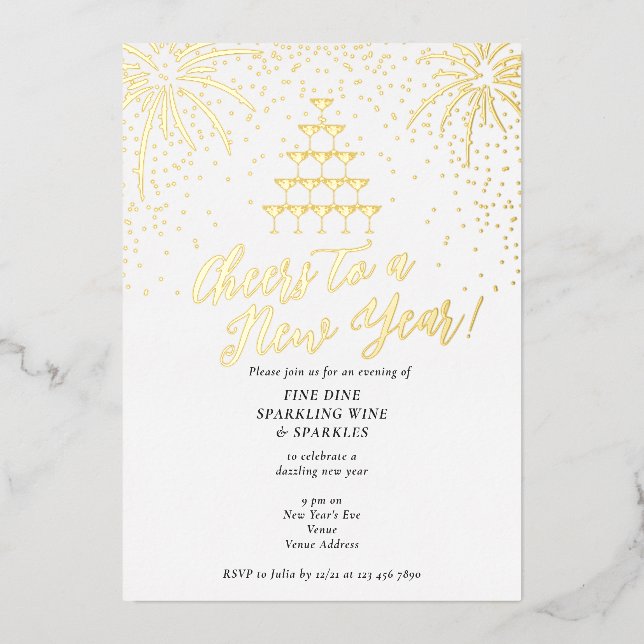 Champagner Tower Silvester Dinner Cocktail Bash Folieneinladung (Vorderseite)