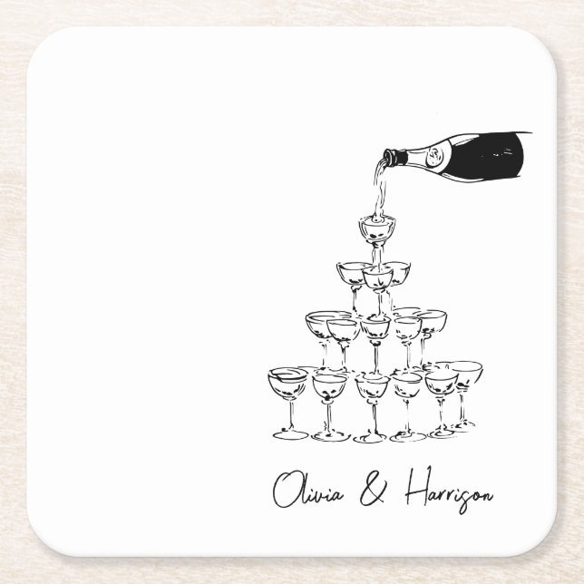Champagner Tower Sketch Individuelle Name Wedding Rechteckiger Pappuntersetzer (Vorderseite)