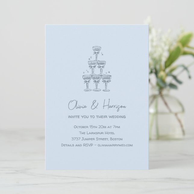 Champagner-Turm-Doodle Cool Blue Hochzeit Einladung (Stehend Vorderseite)