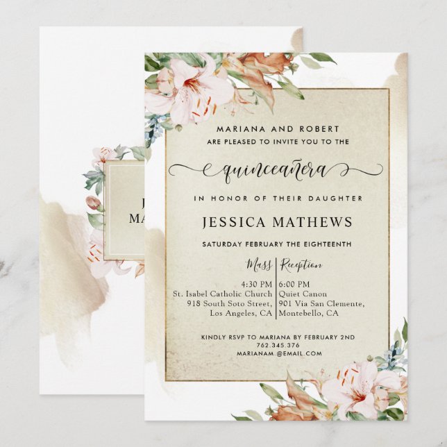 Champagner und Blütenrosa Einladung (Vorne/Hinten)