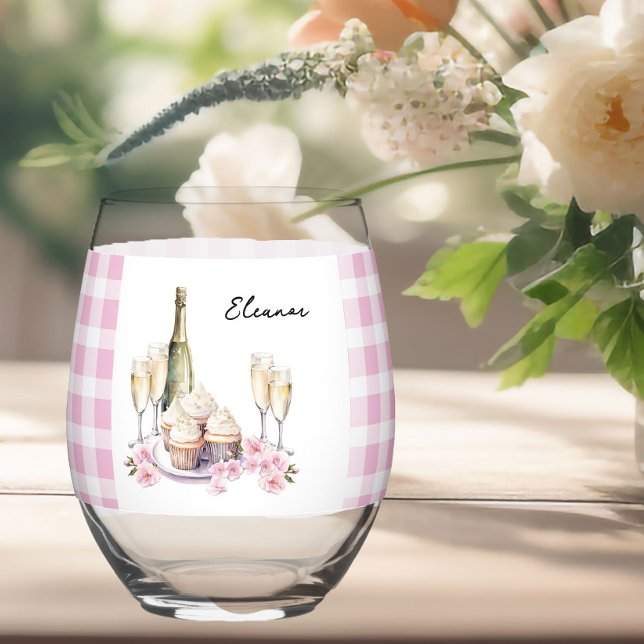 Champagner und Cupcakes Pink Gingham Weinglas Ohne Stiel (Stemless wine glass from Cupcakes and Cava Bridal Shower Collection by Darling & May)