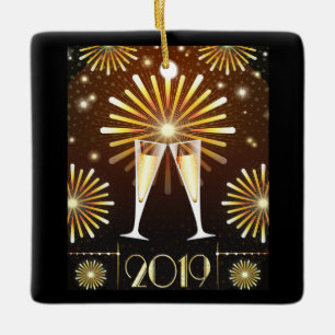 Champagner und Feuerwerk Silvester 2019 Keramikornament