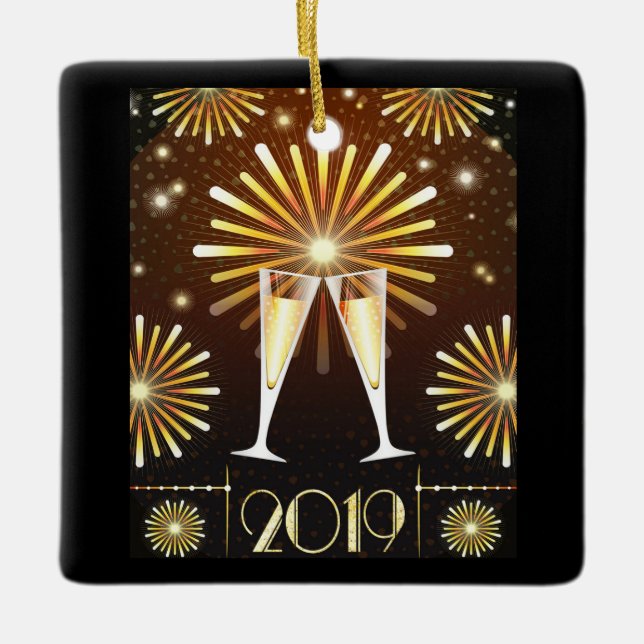 Champagner und Feuerwerk Silvester 2019 Keramikornament (Vorderseite)