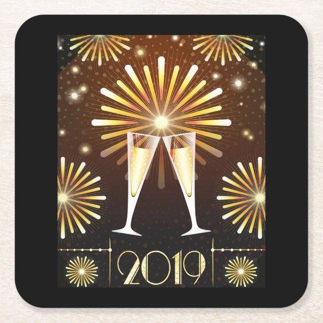 Champagner und Feuerwerk Silvester 2019 Rechteckiger Pappuntersetzer (Vorderseite)