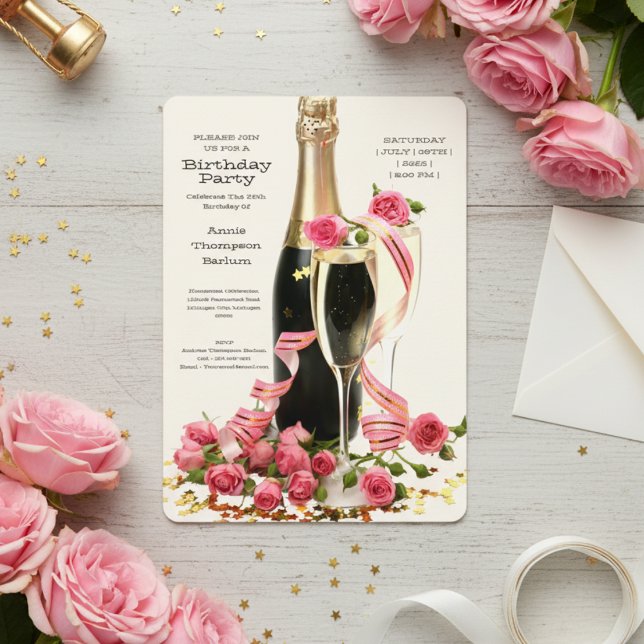 Champagner und Rose zum Geburtstag Einladung (Champagne and Roses Birthday Invitation)