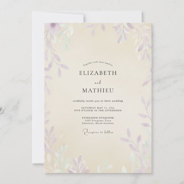 Champagner-Violette-Blatt-Eukalyptus-Hochzeit Einladung (Vorderseite)