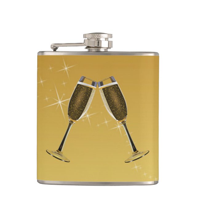 Champagnerbrille feiern auf Gold Flachmann (Vorderseite)