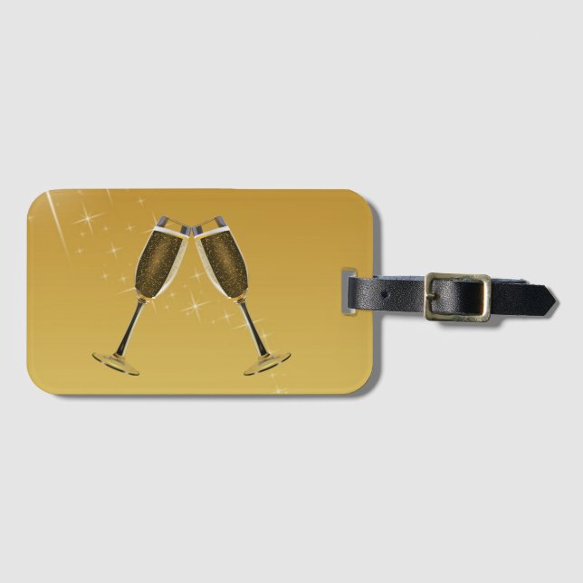 Champagnerbrille feiern auf Gold Gepäckanhänger (Vorderseite (Horizontal))