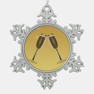 Champagnerbrille feiern auf Gold Schneeflocken Zinn-Ornament