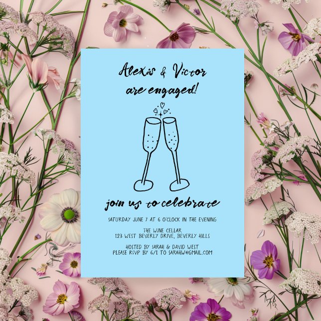 Champagnerbrille regt Custom Engagement Party an Einladung (Champagne Glasses Cheers Custom Engagement Party Invitation Blue Hand Drawn Doodle
)
