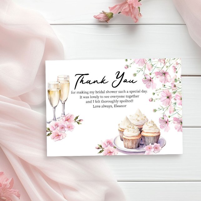 Champagnerbrille und Cupcakes Rosa Blume Dankeskarte (Thank you cards from Cupcakes and Cava Bridal Shower Collection by Darling & May)