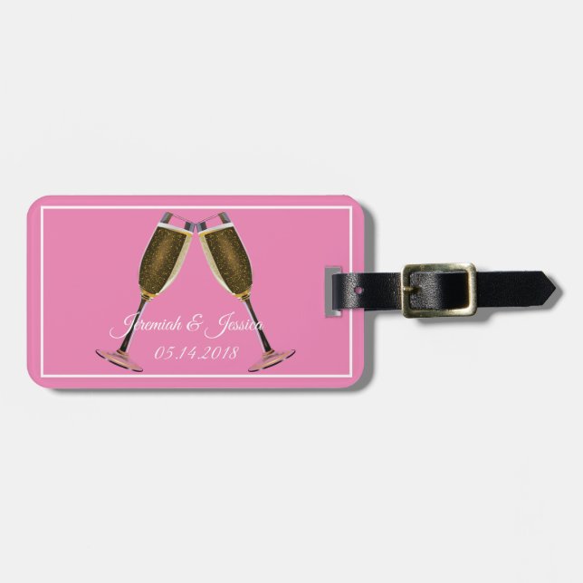 Champagnerbrille und rosa Background Gepäckmarke Gepäckanhänger (Vorderseite horizontal)