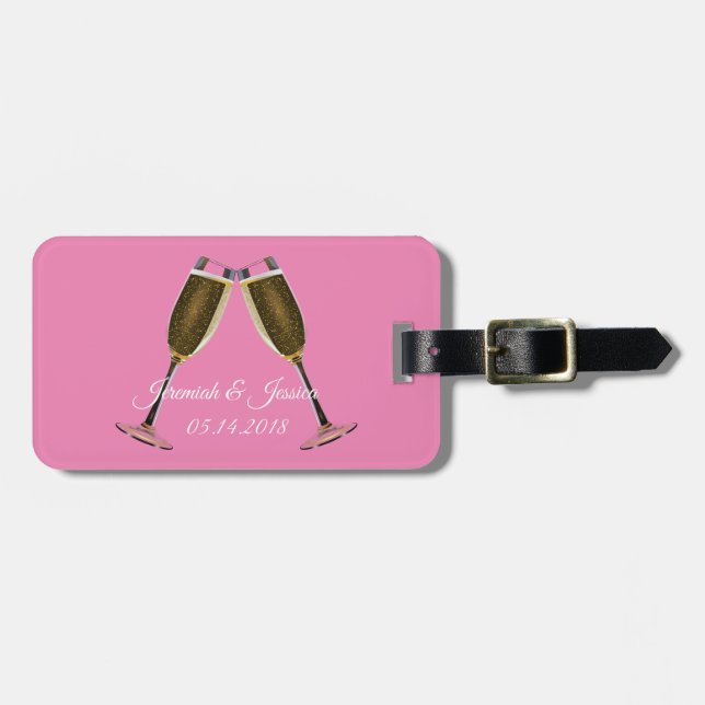 Champagnerbrille und rosa Hintergrund  Gepäckanhänger (Vorderseite horizontal)