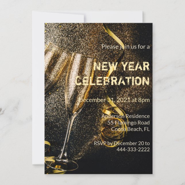 Champagnerflöten Neujahrsfeier Einladung (Vorderseite)