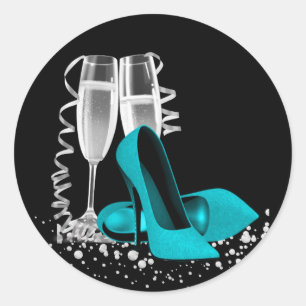 Champagnerglas High Heel Schuh Türkisblaue Aufkleb Runder Aufkleber