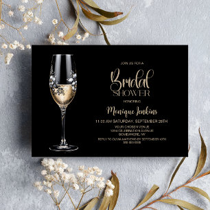 Champagnerglas Schwarz Weiß Floral Brautparty Einladung