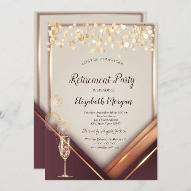 Champagnerglass Balloons Gold-Frame-Rente Einladung (Vorne/Hinten)