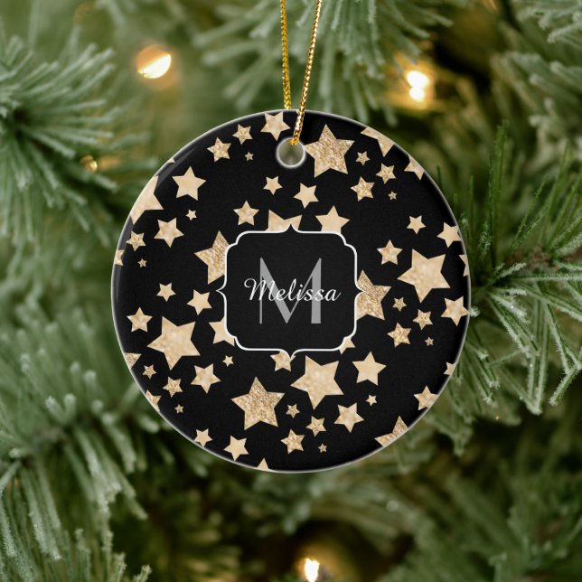Champagnergold Glitzer funkeln Stars Monogramm Keramik Ornament (Baum)