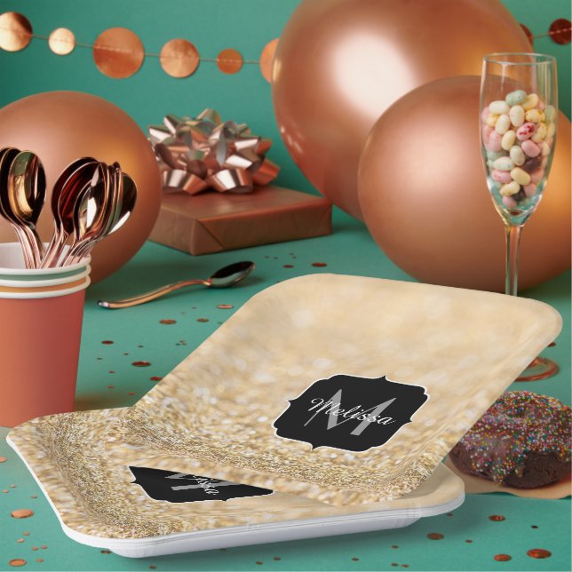 Champagnergold Imitat Glitzer Glitzern Monogram Pappteller (Multi)