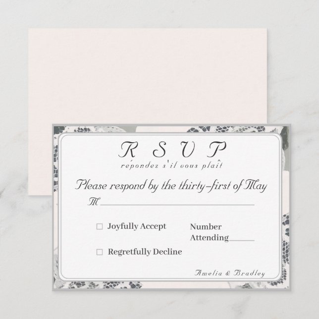 Champagnerrosa Spitzen-Hochzeitkarte RSVP Karte (Vorne/Hinten)