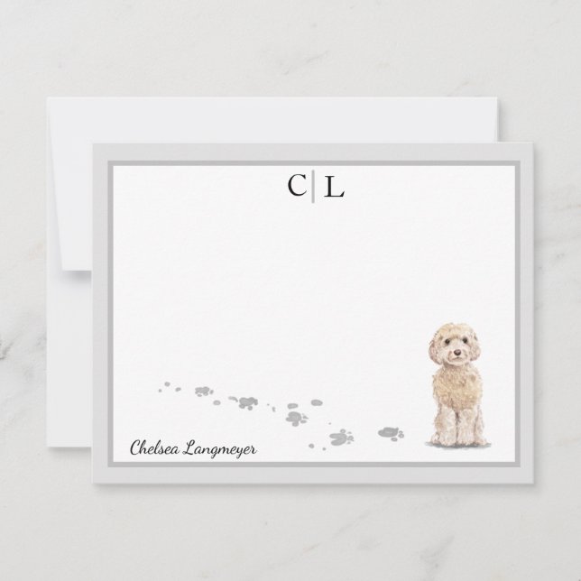 Champaign Cockapoo Dog Gray Border Monogram Name Mitteilungskarte (Vorderseite)