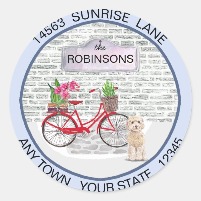 Champaign Cockapoo Moving Bicycle Neue Adresse Runder Aufkleber (Vorderseite)