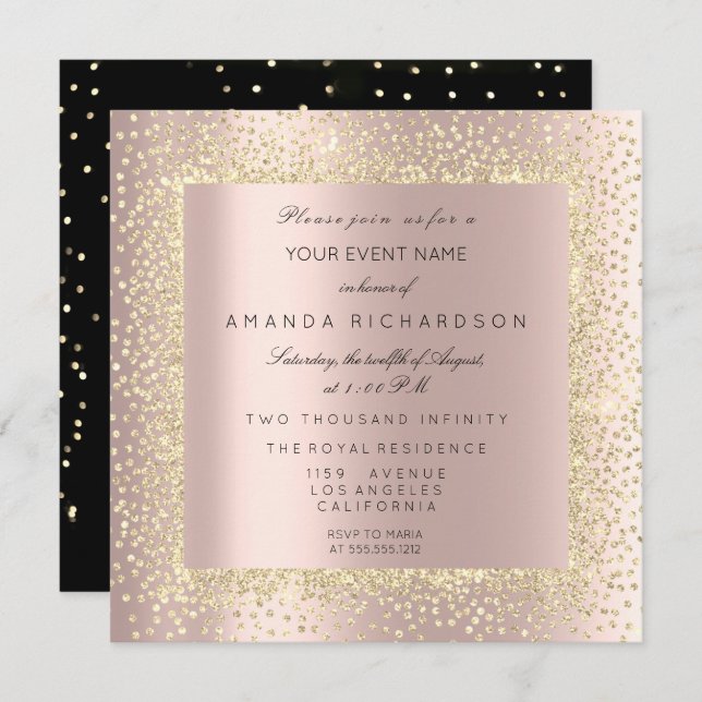 Champaigne Gold Black Confetti Sepia Glitzer Rose Einladung (Vorne/Hinten)