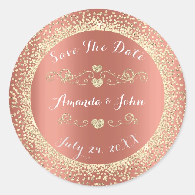 Champaigne Rose Gold Glitzer Save the Date Herz Runder Aufkleber (Vorderseite)