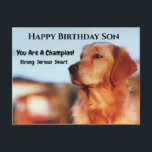 Champion Son Birthday Golden Retreifer Postkarte<br><div class="desc">Du bist ein Champion! Wenn Ihr Sohn ein Fan von Golden Retrievers ist,  wird er diese phantastische Geburtstagskarte schätzen. "Starke,  ernstzunehmende,  kluge" Botschaft,  die für alle goldenen Typ perfekt ist.</div>