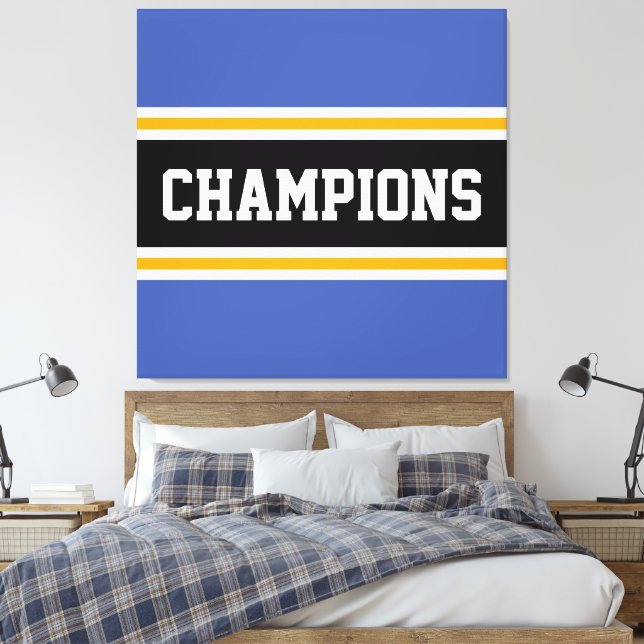 CHAMPIONS Athletic Blue Yellow Schwarz-weiß Stripe Leinwanddruck (Insitu (Schlafzimmer))
