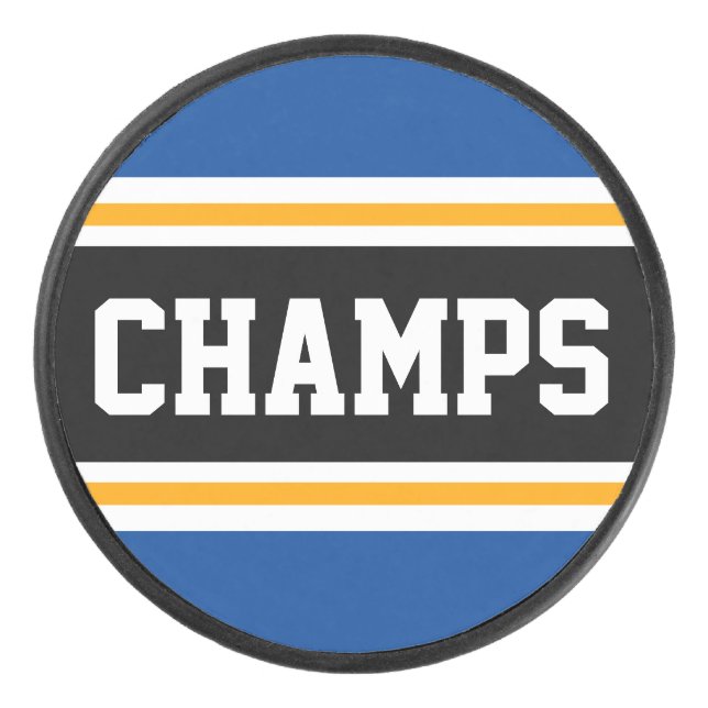 CHAMPS Fun Bold Blue Black Yellow Racing Stripes Eishockey Puck (Vorderseite)