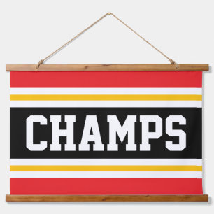 CHAMPS Fun Hellrotes, schwarz-gelbes weißes Streif Wandteppich Mit Holzrahmen
