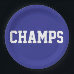 CHAMPS Fun Sporty White Text On Deep Blue Pappteller<br><div class="desc">This sporty design features athletic CHAMPS white text against deep blue background.   The colors and text in this design can be personalized.</div>