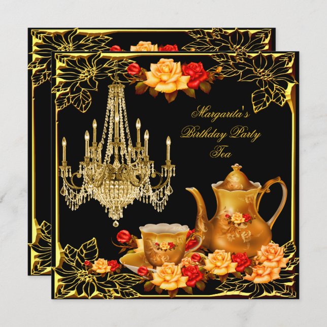 Chandelier Birthday Party Vintag Red Gold Rose Einladung (Vorne/Hinten)