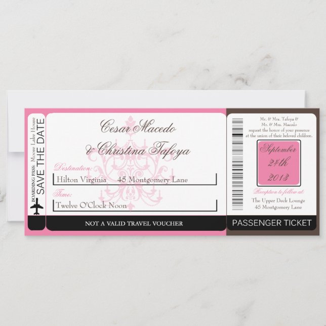 Chandelier Boarding Pass Hochzeit Einladung (Vorderseite)