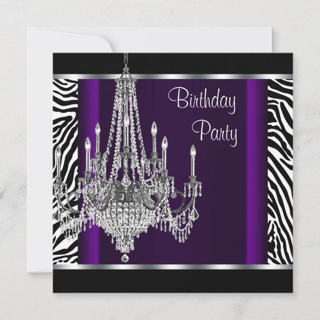 Chandelier Lila Zebra Birthday Party Einladung (Vorderseite)