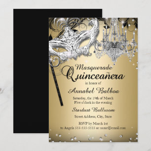 Chandelier Masquerade Gold Quinceanera Einladen Einladung