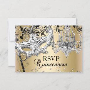 Chandelier Masquerade Gold Quinceanera UAWG RSVP Karte