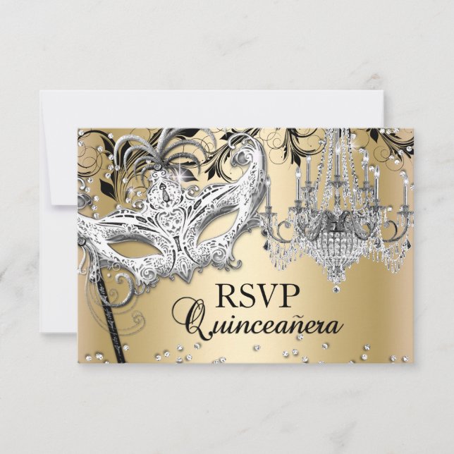 Chandelier Masquerade Gold Quinceanera UAWG RSVP Karte (Vorderseite)
