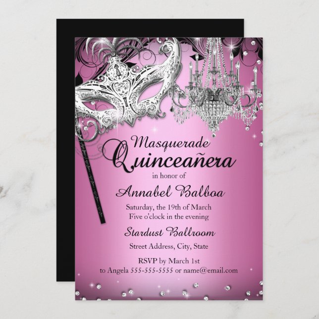 Chandelier Masquerade Pink Quinceanera Einladen Einladung (Vorne/Hinten)