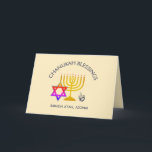 Chanukah Blessings | BARUCH ATAH ADONAI | Hanukkah Karte<br><div class="desc">Stilvolle, moderne CHANUKAH Grußkarte. Design zeigt ein goldfarbenes MENORAH mit bunten DAVID STAR und silbergrauer DREIDEL. Oben steht ein kurviger Text, in dem "CHANUKAH BLESSINGS" steht und unter dem Text steht "BARUCH ATAH", "ADONAI" (Gesegnet sind Sie, o Gott). Im Inneren gibt es eine weitere Menorah (hanukkiyah) und eine Platzhaltermeldung. ALL...</div>
