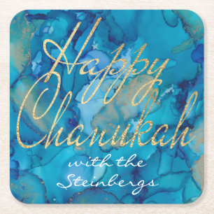 Chanukah Blue Gold Rechteckiger Pappuntersetzer