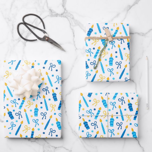 Chanukah Candles Burning White Blue Gold Geschenkpapier Set (Vorderseite)